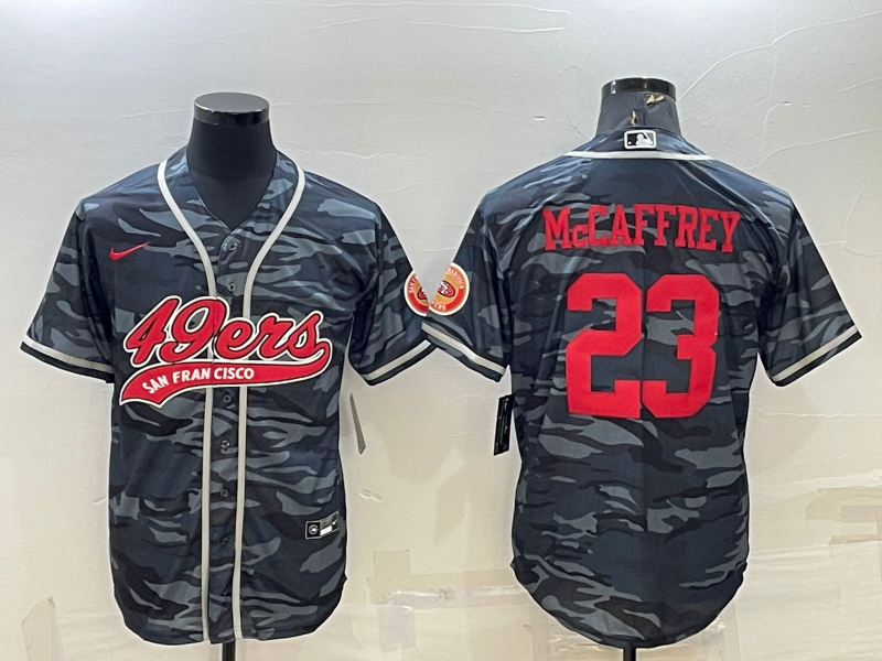 Men's San Francisco 49ers #23 Christian McCaffrey Grey Camo With Patch Cool Base Stitched Baseball Jersey