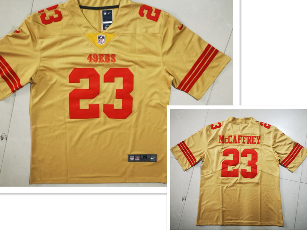 Men's San Francisco 49ers #23 Christian McCaffrey Gold NEW 2022 Inverted Legend Stitched NFL Nike Limited Jersey