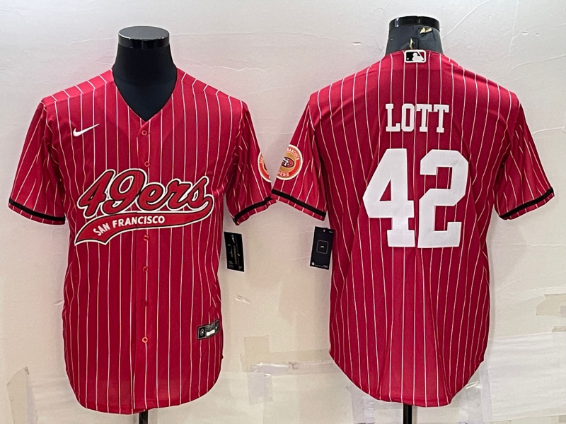 Men's San Francisco 49ers #42 Ronnie Lott Red Pinstripe With Patch Cool Base Stitched Baseball Jersey