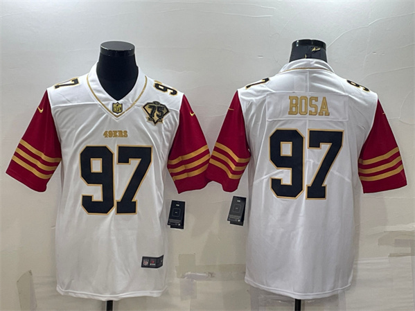 Men's San Francisco 49ers #97 Nick Bosa White Gold Edition With 75TH Patch Limited Stitched Football Jersey