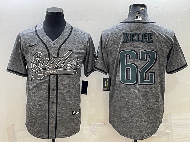 Men's Philadelphia Eagles #62 Jason Kelce Grey Gridiron Patch Cool Base Stitched Baseball Jersey