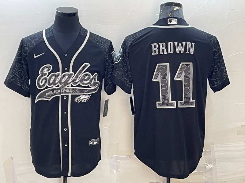 Men's Philadelphia Eagles #11 AJ Brown Black Reflective With Patch Cool Base Stitched Baseball Jersey