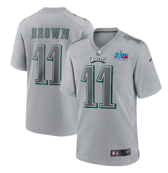 Men's Philadelphia Eagles #11 A.J. Brown Gray Super Bowl LVII Patch Atmosphere Fashion Stitched Game Jersey