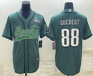 Men's Philadelphia Eagles #88 Dallas Goedert Green With Super Bowl LVII Patch Cool Base Stitched Baseball Jersey