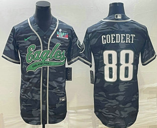 Men's Philadelphia Eagles #88 Dallas Goedert Grey Camo With Super Bowl LVII Patch Cool Base Stitched Baseball Jersey