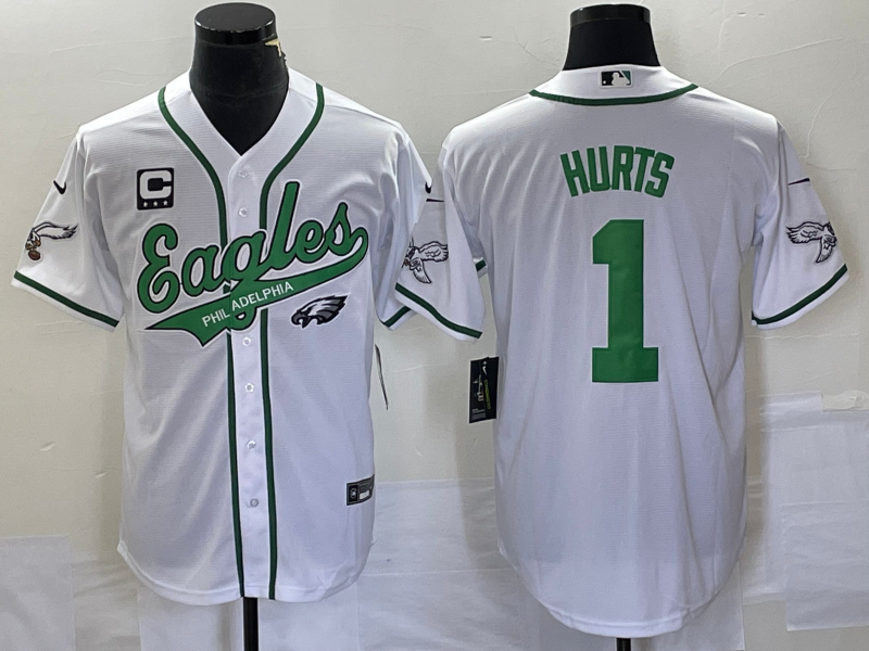 Men's Philadelphia Eagles #1 Jalen Hurts White C Patch Cool Base Stitched Baseball Jersey1