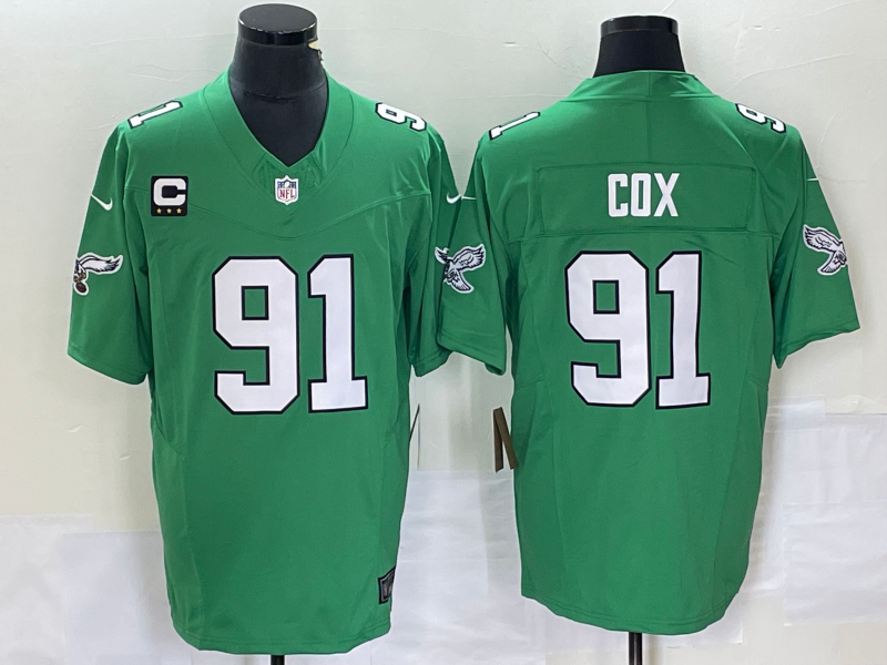 Men's Philadelphia Eagles #91 Fletcher Cox Green C Patch 2023 FUSE Vapor Limited Throwback Stitched Jersey