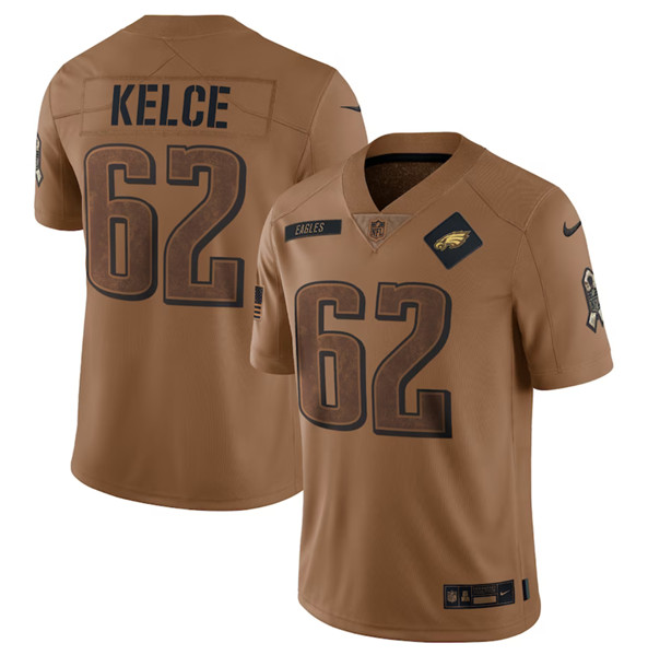 Men's Philadelphia Eagles #62 Jason Kelce 2023 Brown Salute To Service Limited Football Stitched Jersey