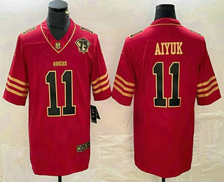 Men's San Francisco 49ers #11 Brandon Aiyuk Red 75th Patch Golden Edition Stitched Nike Limited Jersey