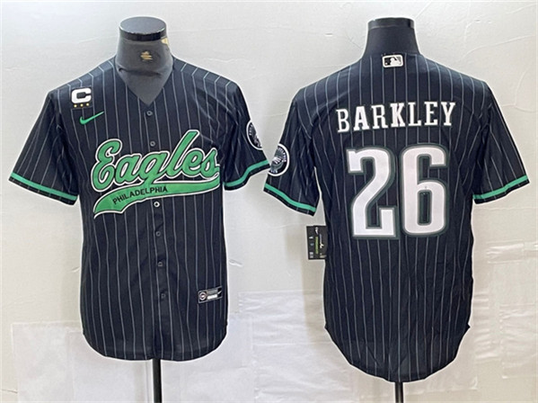 Men's Philadelphia Eagles #26 Saquon Barkley Black With 3-star C Patch Cool Base Baseball Stitched Jerseys