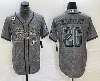 Men's Philadelphia Eagles #26 Saquon Barkley Grey Gridiron With C Patch Cool Base Stitched Baseball Jersey