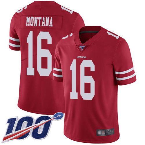 Nike 49ers #16 Joe Montana Red Team Color Men's Stitched NFL 100th Season Vapor Limited Jersey