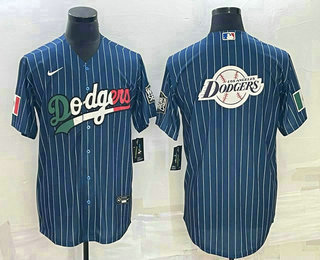 Men's Los Angeles Dodgers Big Logo Navy Blue Pinstripe Stitched MLB Cool Base Nike Jersey5