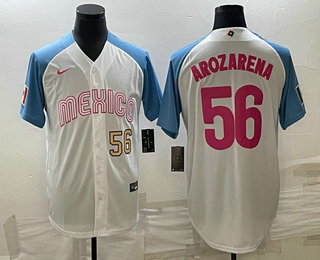 Men's Mexico Baseball #56 Randy Arozarena Number 2023 White Blue World Classic Stitched Jersey10