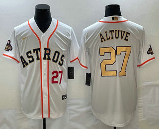 Mens Houston Astros #27 Jose Altuve Number 2023 White Gold World Serise Champions Patch Cool Base Stitched Jersey