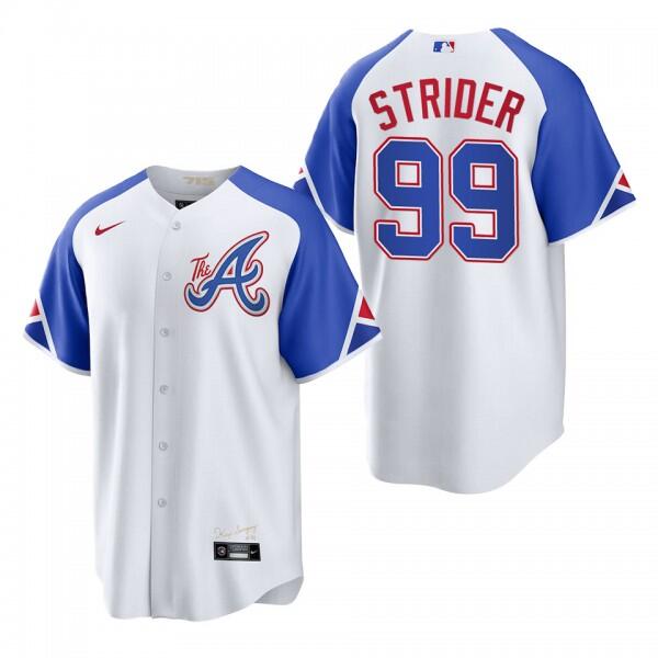 Men's Atlanta Braves #99 Spencer Strider White 2023 City Connect Cool Base Stitched Jersey