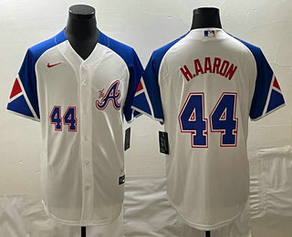 Mens Atlanta Braves #44 Hank Aaron Number White 2023 City Connect Cool Base Stitched Jersey