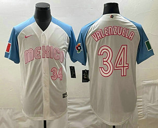 Men's Mexico Baseball #34 Fernando Valenzuela Number 2023 White Blue World Classic Stitched Jersey1