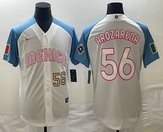 Men's Mexico Baseball #56 Randy Arozarena Number 2023 White Blue World Classic Stitched Jersey