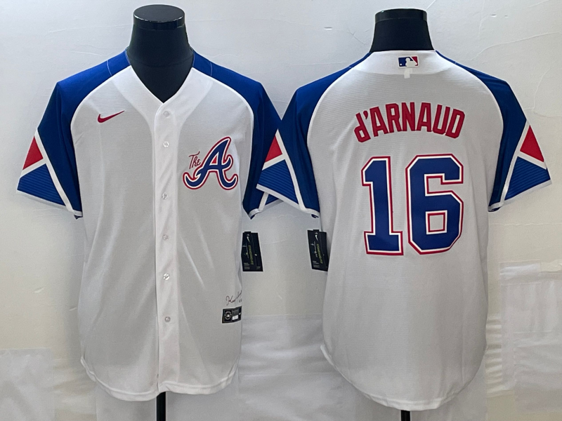 Men's Atlanta Braves #16 Travis dArnaud White 2023 City Connect Cool Base Stitched Jersey