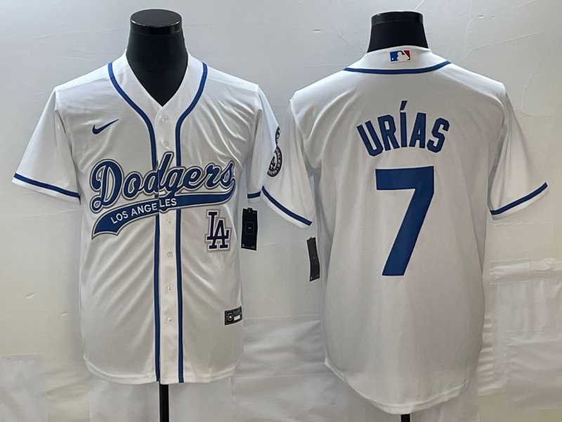 Men's Los Angeles Dodgers #7 Julio Urias White With Patch Cool Base Stitched Baseball Jersey