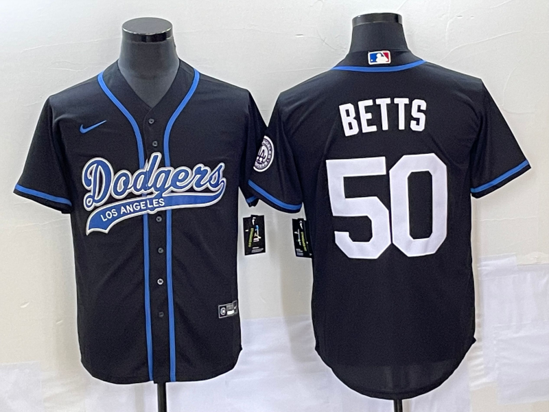 Men's Los Angeles Dodgers #50 Mookie Betts Black With Patch Cool Base Stitched Baseball Jersey