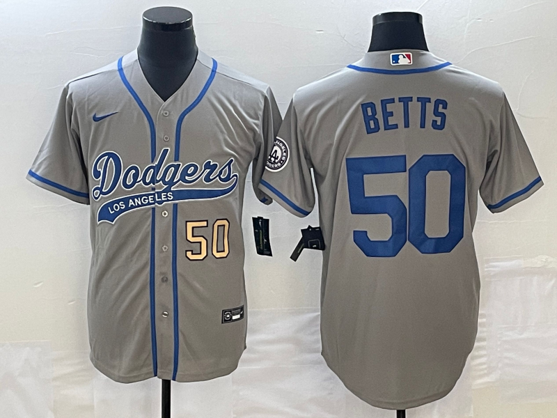 Men's Los Angeles Dodgers #50 Mookie Betts Number Grey With Patch Cool Base Stitched Baseball Jersey