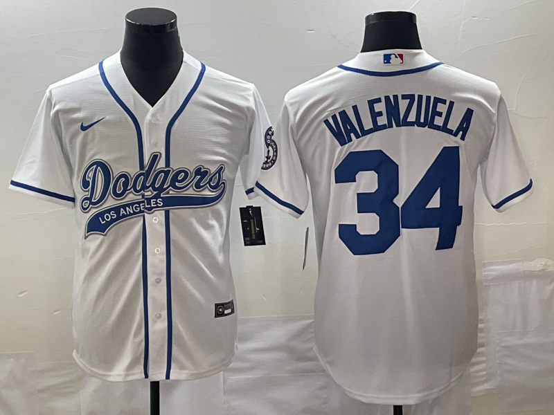 Men's Los Angeles Dodgers #34 Fernando Valenzuela White With Patch Cool Base Stitched Baseball Jersey1