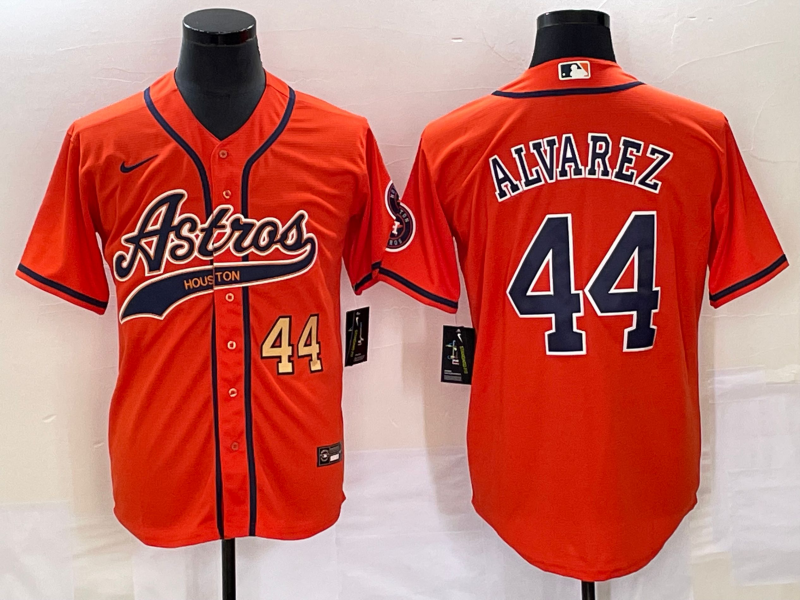 Men's Houston Astros #44 Yordan Alvarez Number Orange With Patch Cool Base Stitched Baseball Jersey