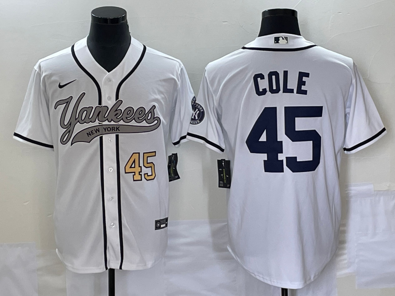 Men's New York Yankees #45 Gerrit Cole Number White With Patch Cool Base Stitched Baseball Jersey