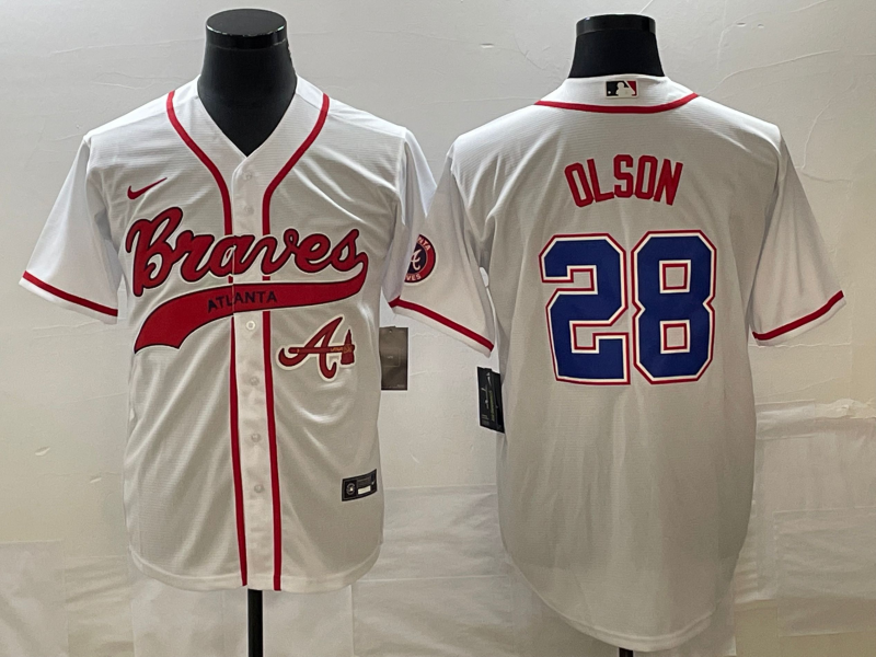 Men's Atlanta Braves #28 Matt Olson White Cool Base With Patch Stitched Baseball Jersey1