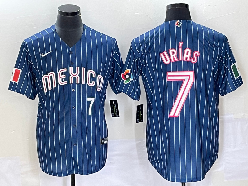 Men's Mexico Baseball #7 Julio Urias Number Navy Blue Pinstripe 2020 World Series Cool Base Nike Jersey4