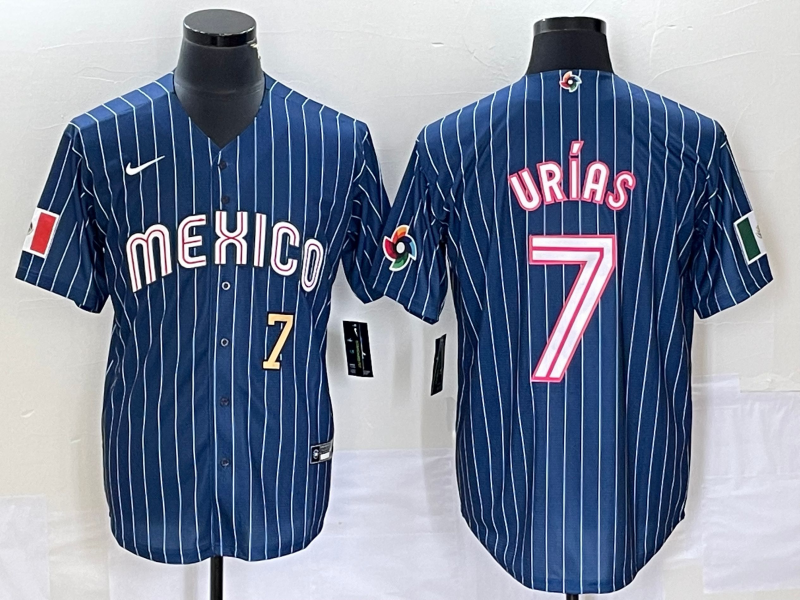 Men's Mexico Baseball #7 Julio Urias Number Navy Blue Pinstripe 2020 World Series Cool Base Nike Jersey 1