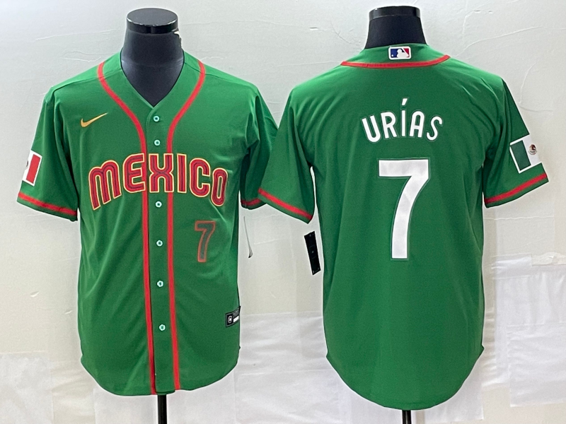 Men's Mexico Baseball #7 Julio Urias Number 2023 Green World Classic Stitched Jersey3