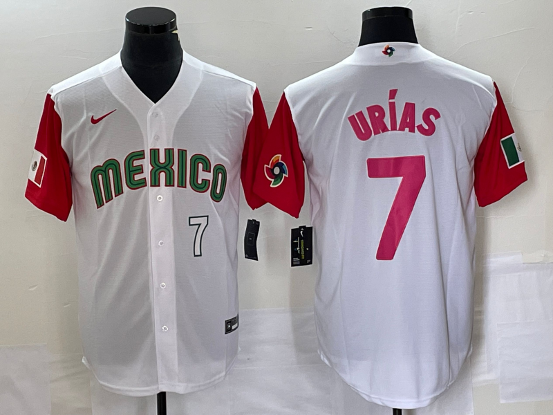 Men's Mexico Baseball #7 Julio Urias Number 2023 White Red World Classic Stitched Jersey25