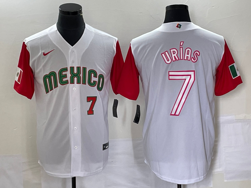 Men's Mexico Baseball #7 Julio Urias Number 2023 White Red World Classic Stitched Jersey42