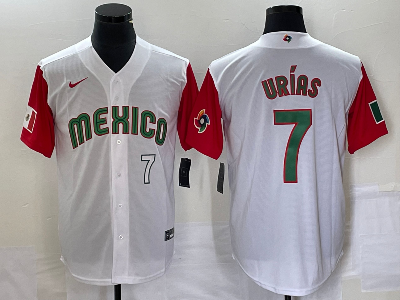 Men's Mexico Baseball #7 Julio Urias Number 2023 White Red World Classic Stitched Jersey54