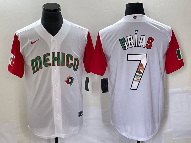 Men's Mexico Baseball #7 Julio Urias Number 2023 White Red World Classic Stitched Jersey 15