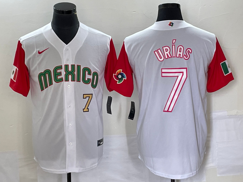 Men's Mexico Baseball #7 Julio Urias Number 2023 White Red World Classic Stitched Jersey 43