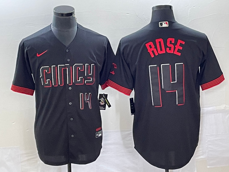 Men's Cincinnati Reds #14 Pete Rose Number Black 2023 City Connect Cool Base Stitched Jersey 2