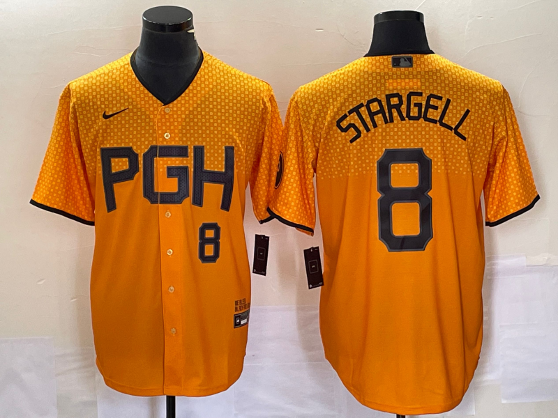 Men's Pittsburgh Pirates #8 Willie Stargell Number Gold 2023 City Connect Stitched Jersey 1