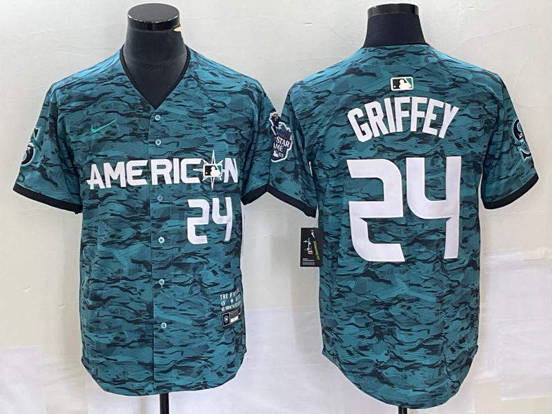 Men's Seattle Mariners #24 Ken Griffey Number Teal 2023 All Star Cool Base Stitched Jersey2