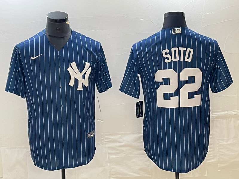 Men's New York Yankees #22 Juan Soto Blue Pinstripe Cool Base Stitched Baseball Jerseys