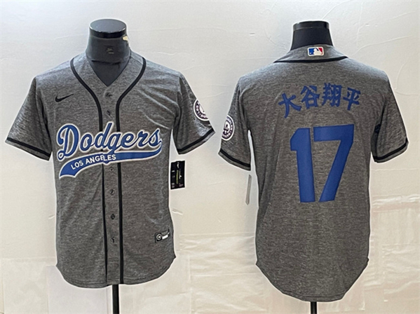 Men's Los Angeles Dodgers #17 大谷翔平 Gray Cool Base With Patch Stitched Baseball Jersey