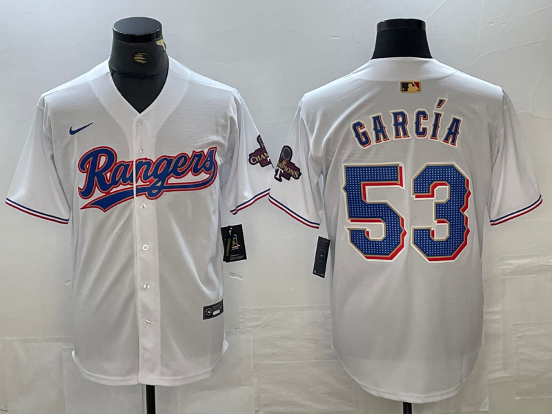 Men's Texas Rangers #53 Adolis Garcia White 2023 World Series Champions Cool Base Jersey