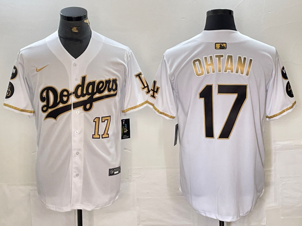 Men's Los Angeles Dodgers #17 Shohei Ohtani Number White Gold Fashion Stitched Cool Base Limited Jersey