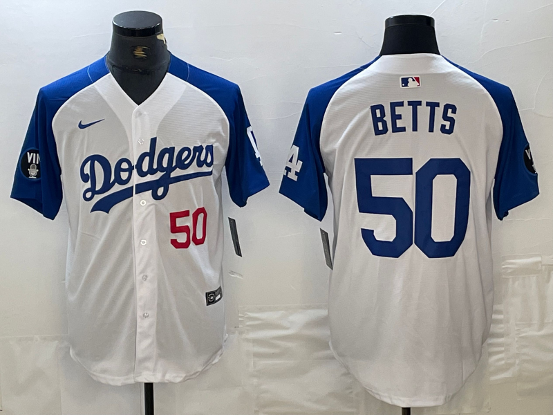 Men's Los Angeles Dodgers #50 Mookie Betts Number White Blue Fashion Stitched Cool Base Limited Jerseys