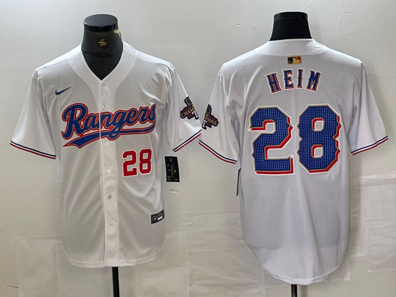 Men's Texas Rangers #28 Jonah Heim Number White 2023 World Series Champions Cool Base Jersey