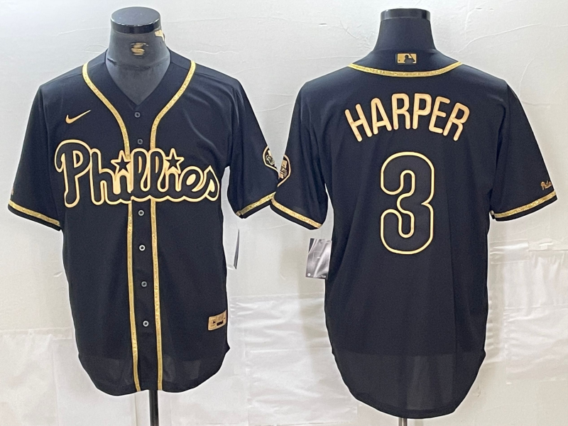 Men's Philadelphia Phillies #3 Bryce Harper Black Gold Cool Base Stitched Baseball Jersey