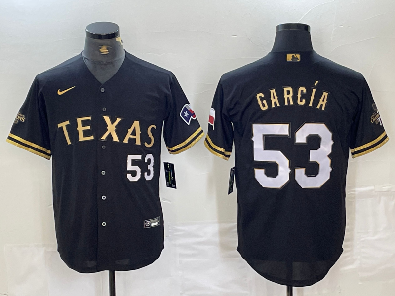 Men's Texas Rangers #53 Adolis Garcia Black Gold Cool Base Stitched Baseball Jersey